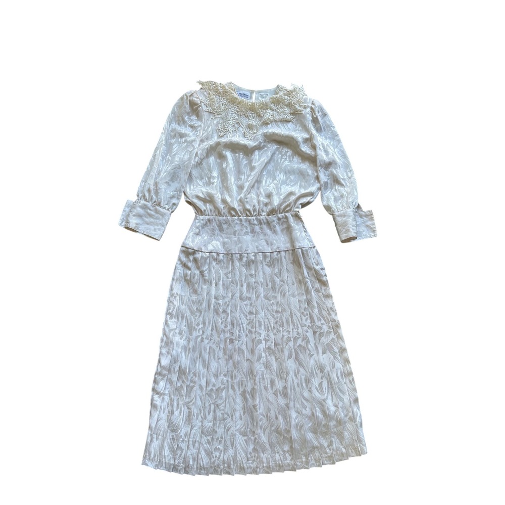 In The Mood Vintage Ivory Jacquard Lace Collar Pleated Midi Dress Womens 8